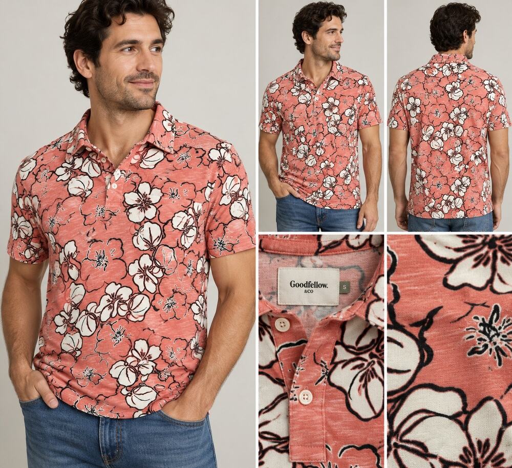 Goodfellow & Co Men's S Coral Floral Polo Cotton Shirt